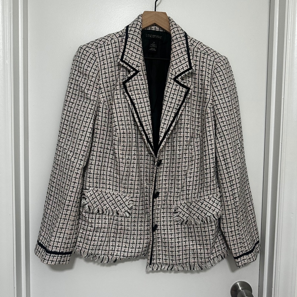 Lane Bryant | Pink Black Plaid Ribbon Trim Tweed Fringe Blazer Jacket, Size‎ 16